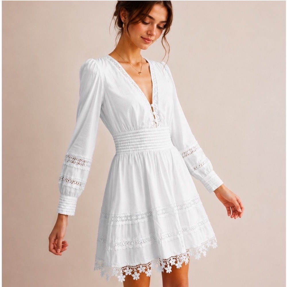 Boden Cotton Lace Mini Dress 4 White Long Sleeve Victorian Cottage Boho Prairie